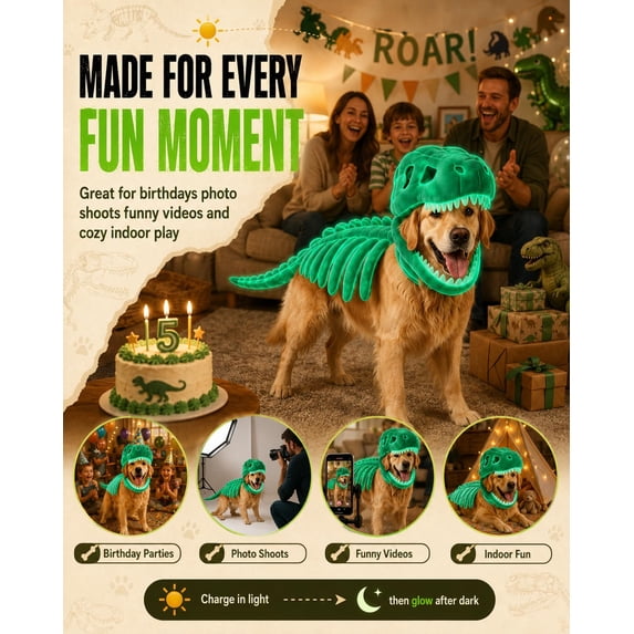 Pet Dinosaur Costume, Soft Plush T-Rex Skeleton Halloween Costume for Dogs Glow-in-the-Dark
