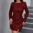 thumbnail image 5 of BangWanChi Red Dresses for Women Women's Sexy Dress Sequined V Short Long Sleeve V-Neck Dress, 5 of 7