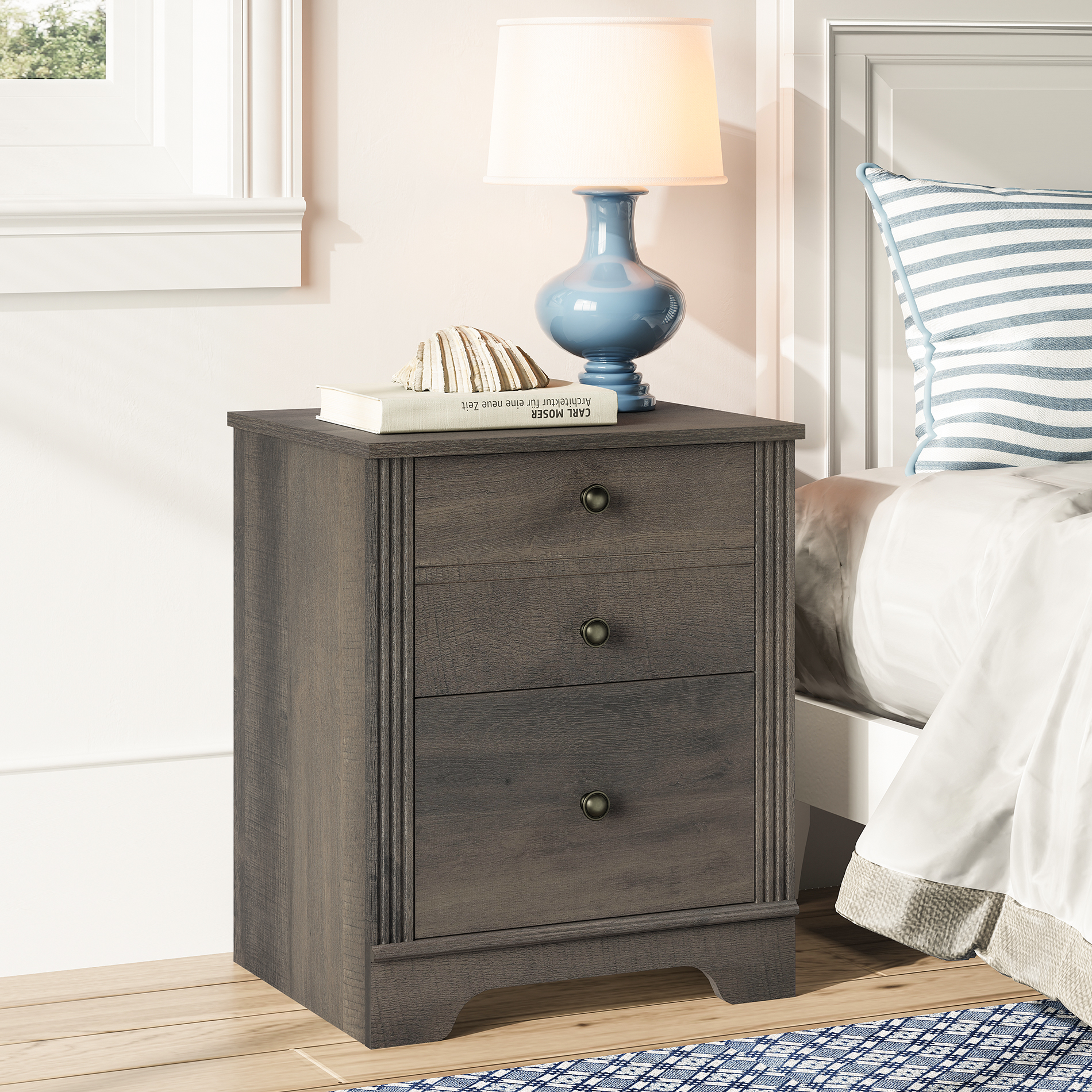 End Table for Living Room, Grayish Brown Bedside Table, Nightstand with 2 Drawers for Bedroom