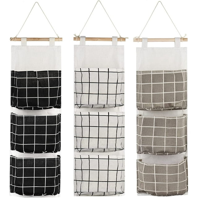 Bolsa de almacenamiento colgante de 3 piezas con 3 bolsillos, AUHOTA Prime - Organizador de bolsas de almacenamiento con estante de tela para pared para dormitorio, baño, cocina - Resistente al agua y