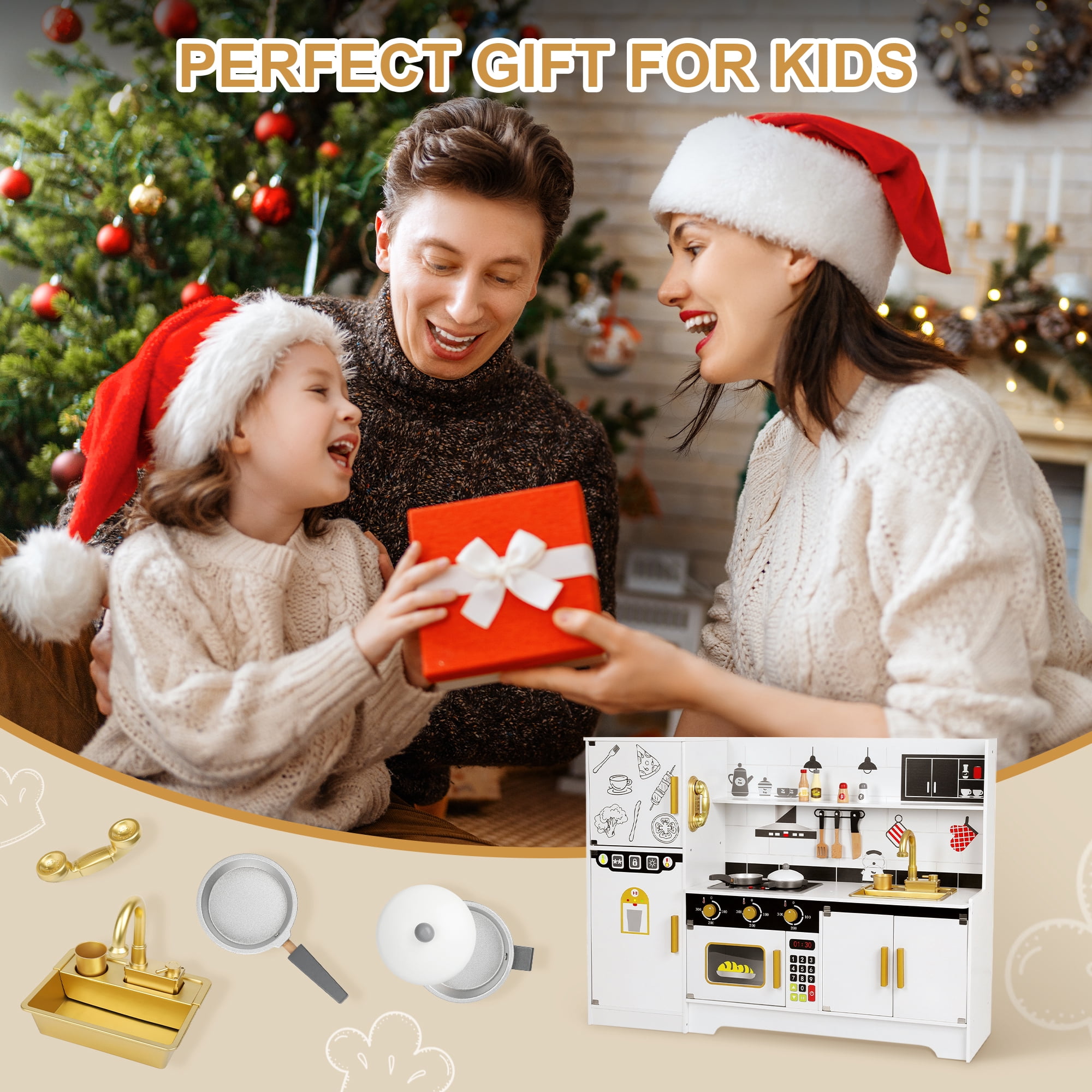Wisairt Pretend Play Kitchen Set, 43.7" Extra Long Wooden Play Kitchen for Kids w/ Chef's Costume, Telephone, Stove, Sink, Oven, Realistic Lights Sounds - White & Gold