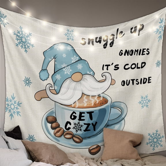 Blue Gnomes Tapestry for Bedroom Wall Hanging Tapestry, Coffee Snowflake Winter Rustic Ceiling Backdrop Tapestries Poster Blanket Wall Decor for Teens Room Living Room Dorm 51" x 59"