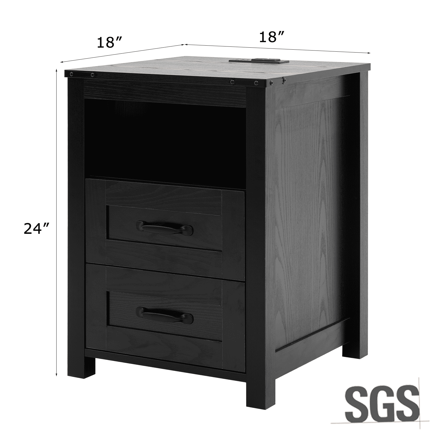 Nightstand with Charging Station,Side Table with 2 Drawers Storage Cabinet for Bedroom, Living Room, Black
