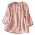 thumbnail image 2 of QUNYINEY Short Sleeve Tee Shirts Womens Summer Pink Cotton Linen Graphic Tees Pullover Loose Fit Button Embroidered V Neck Womens Tops, 2 of 9