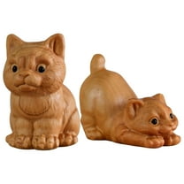 UNOMOR 2Pcs Hand Carved Wooden Cat Sculpture Beige Wood Minimalist Design For Home Decor Cat Lovers