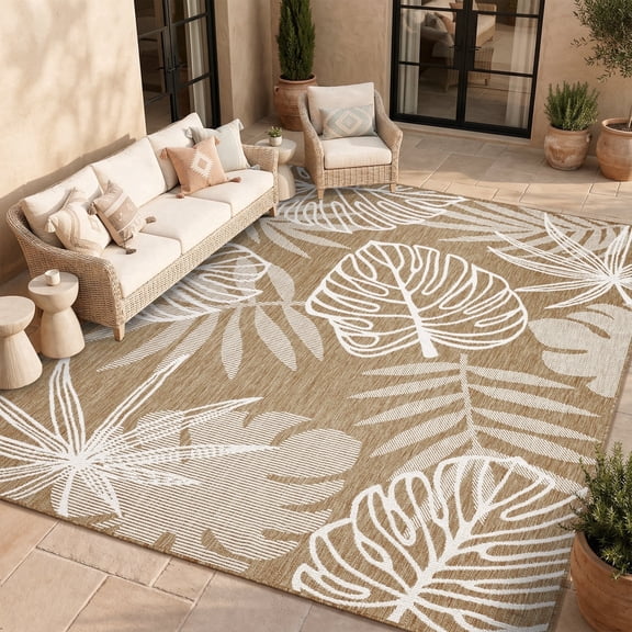 SIXHOME Outdoor Rugs 8'x10' Patio Rug Tropical Indoor Outdoor Rugs Polypropylene Washable Non Shedding, Easy Clean, Waterproof, Durable Outdoor Carpet for Porch Balcony Deck Neutral Brown