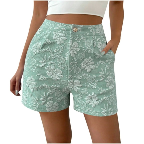 Shorts for Women Trendy,Womens Retro Floral Jacquard Shorts High Waisted Button Straight Leg Short Pants Casual Loose Cute Shorts with Pockets