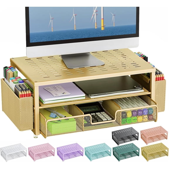 AllWays Plaza Desk Organizers and Accessories, Monitor Stand with Drawer and 2 Pen Holder, Desktop Organizer Suitable for Offices and Dormitories (Gold)