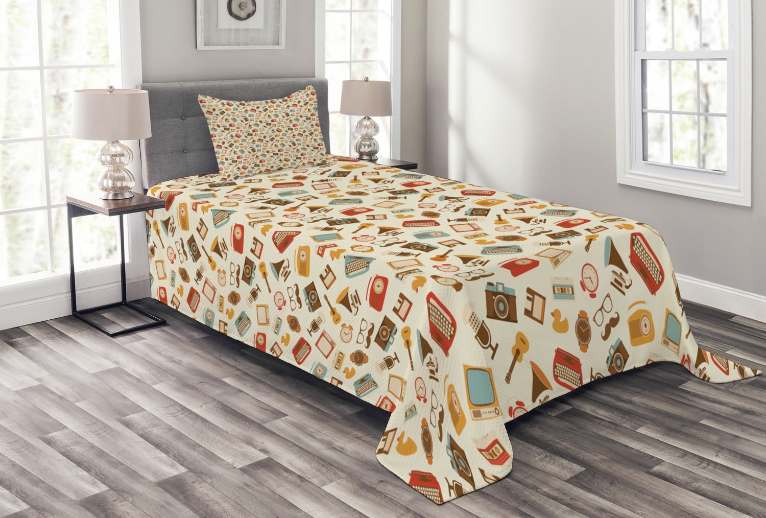 Vintage Bedspread Set Twin Size, Retro Pattern Old Fashioned Icons