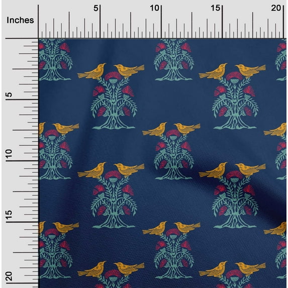 oneOone Organic Cotton Poplin Twill Fabric Bird & Tree Block Printed Fabric 1 Yard 42 Inch Wide