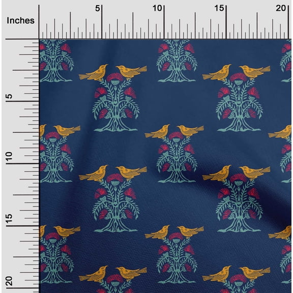 oneOone Organic Cotton Poplin Twill Fabric Bird & Tree Block Printed Fabric 1 Yard 42 Inch Wide