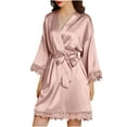 thumbnail image 2 of IROINNID Long Sleeve Dress for Women Homewear Long-Sleeve V-Neck Dress Color Lace Night-Robe One Size,Pink, 2 of 8