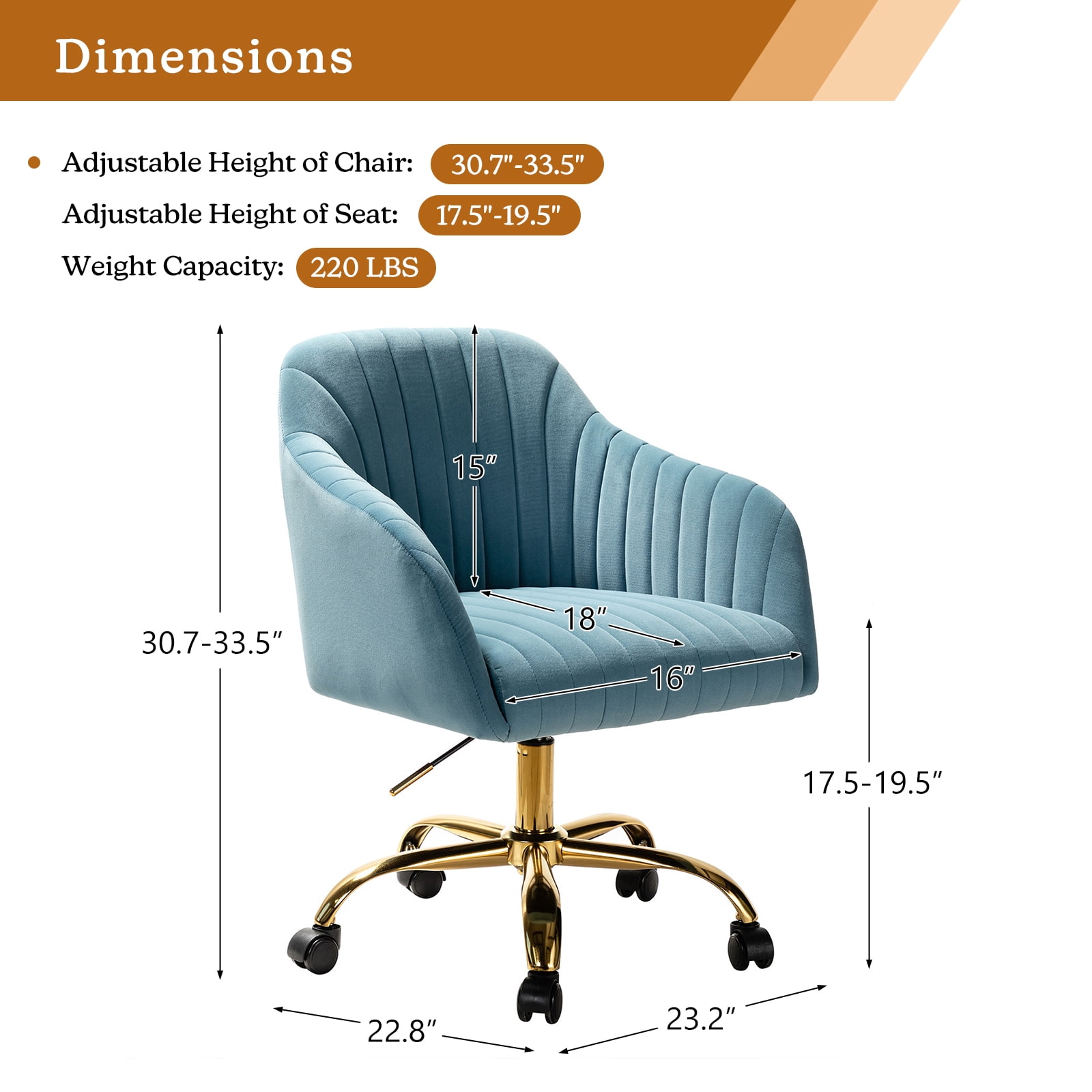 Velvet Office Desk Chair Makeup Vanity Table Chairs Adjustable Armchair Gold Legs Blue