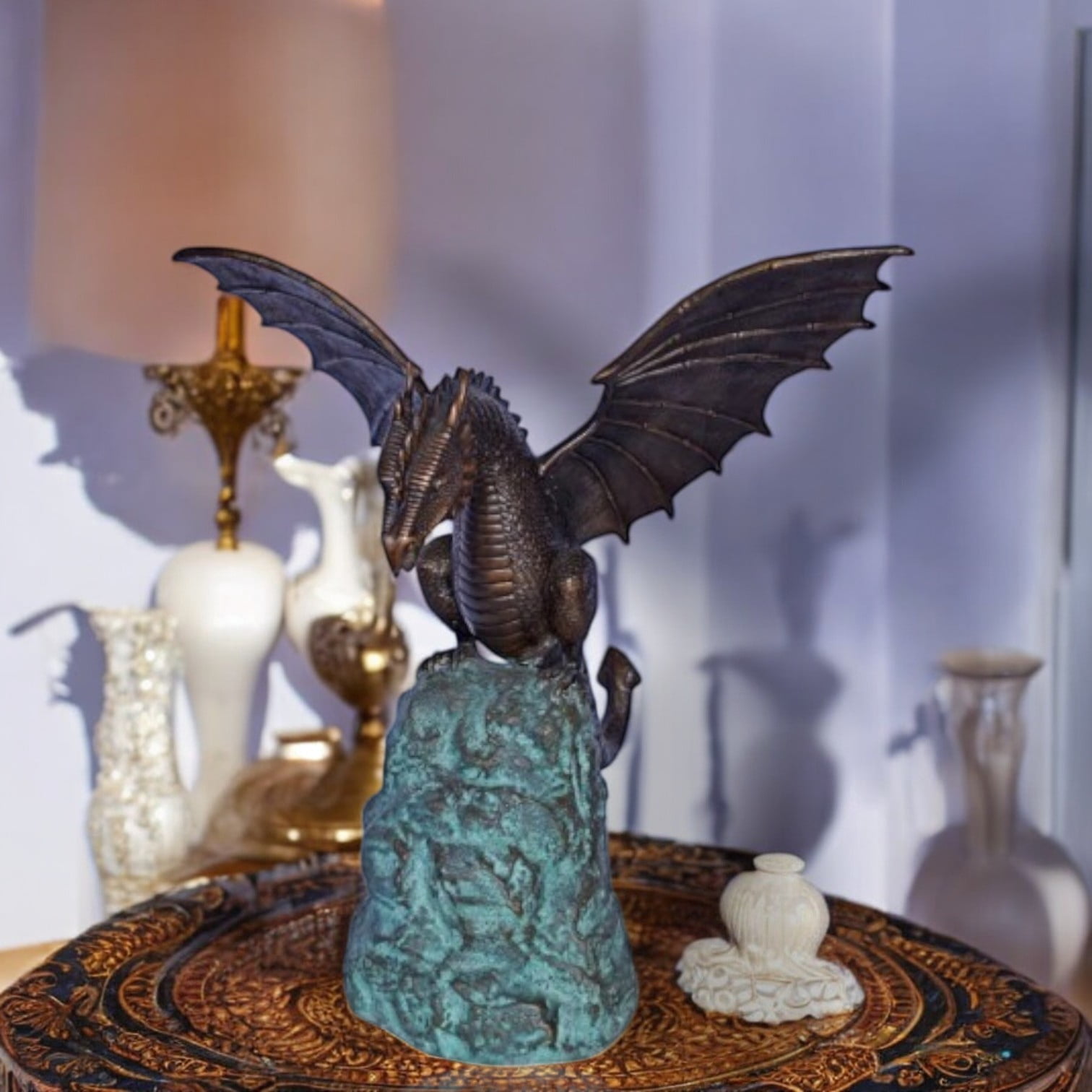 Nifao Dragon Standing on Rock Outdoor Fountain Statue, Bronze Garden Water Feature Sculpture for Patio & Yard – Garden Water Feature Sculpture, 23"L x 18"W x 23"H