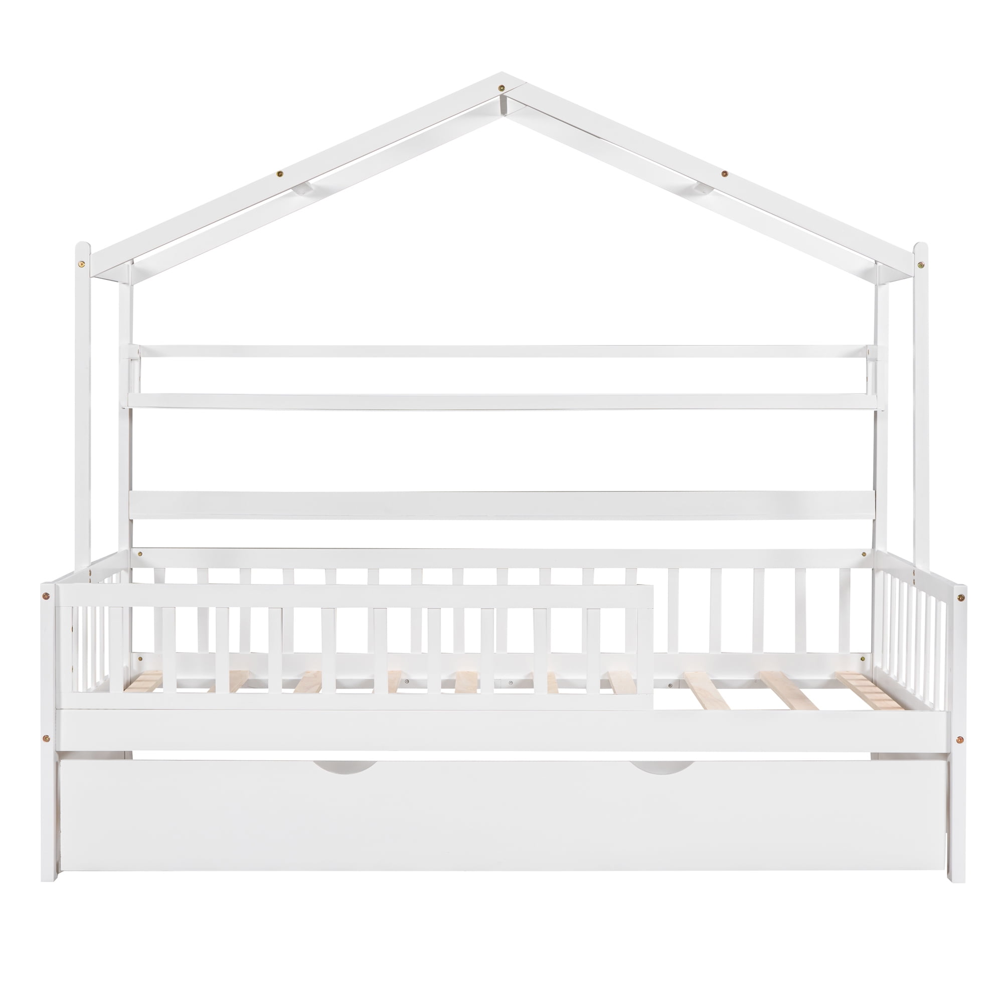 Harper & Bright Designs Twin Size House Bed with Trundle and Storage Shelves, Platform Bed with Fence Rails Wood Playhouse Tent Bed Frame for Girls Boys, White