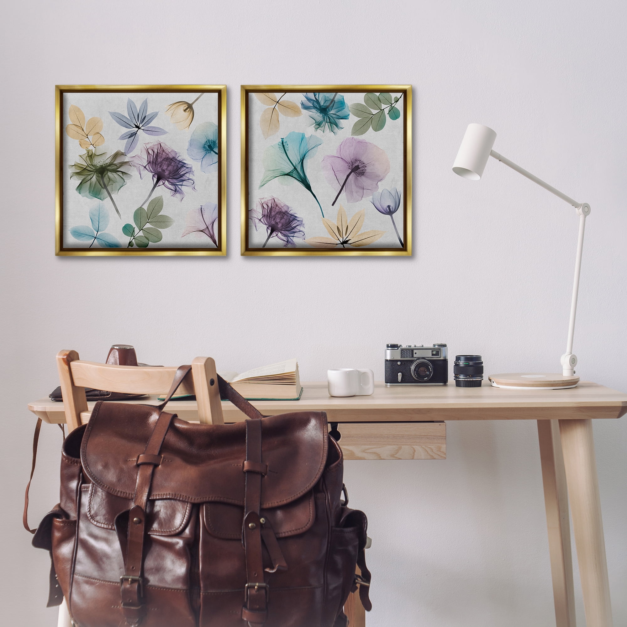 Stupell Industries X-Ray Floral Collage Plants & Flowers Painting Gold Floater Framed Canvas Art Print Wall Art, 18 x 18, Set of 2