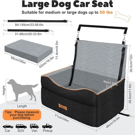 Dog Car Seat for Medium Dog, Dogs Booster Seat Under 50Lbs or 2 Small Dogs Washable, Pet Car Seats with 2 ty Leashes, Pets Sofa Bed Cushion Add Thick Sponge, Pet Cars Carrier for Travel