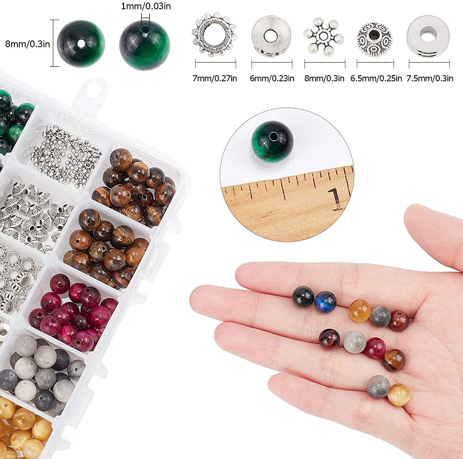1 Box 200Pcs 10 Colors Natural Tiger Eye Beads 100Pcs Various Shapes Spacer Beads Thread Scissor DIY