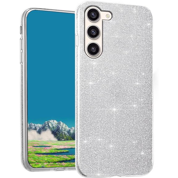 Compatible with Galaxy S23 Plus Case Glitter Shockproof, Phone for Galaxy S23 Plus Clear Silicone Blue Three Layer Detachable TPU and PC Thin Protective Case (Silver)