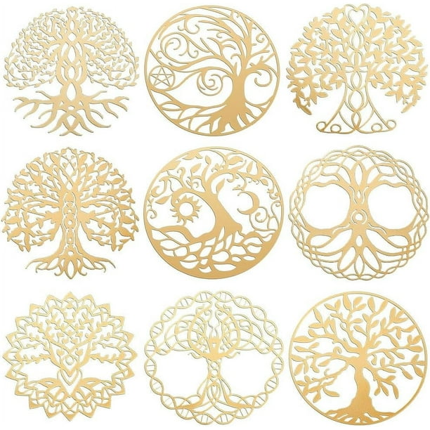 9 pegatinas autoadhesivas de metal con forma de árbol de la vida, pirámide de orgón, de acero inoxidable y doradas.