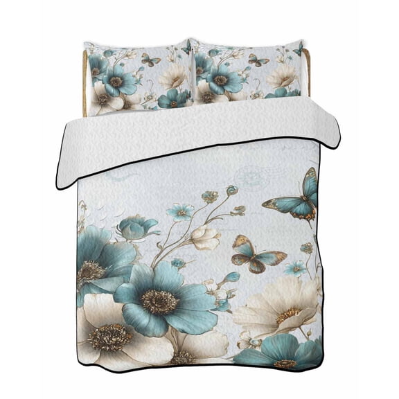 Quilts Queen Size Bedding Set, Teal Tulip Butterfly Reversible Summer Quilt 3 Pieces, Beige Turquoise Floral Blue Coastal Lightweight Bedspreads Coverlets with 2 Pillow Shams for All Seasons