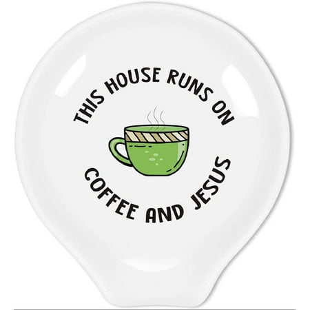 

Funny Coffee Quote This House Runs on Coffee and Jesus Ceramic Coffee Spoon Holder-Coffee Spoon Rest -Coffee Station Decor Coffee Bar Accessories-Coffee Lovers Gift for Women and Men