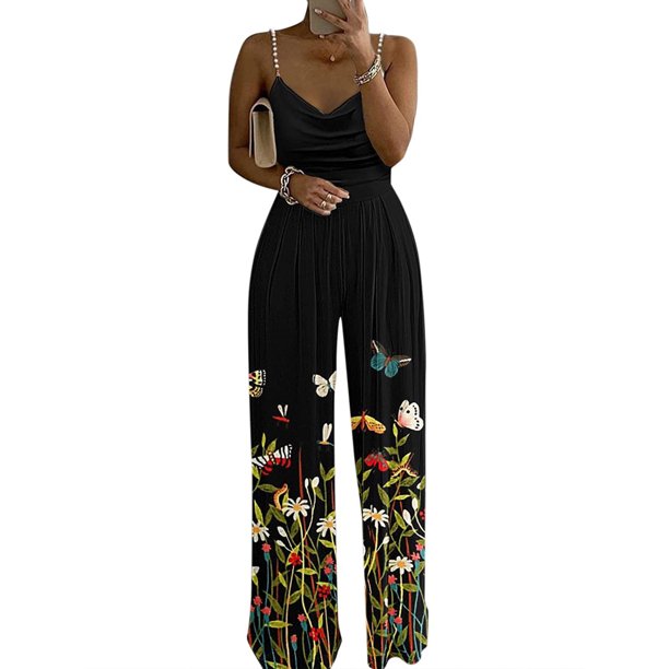 Mono largo para mujer VISgogo Color sólido/estampado/diseño degradado mono de pernera ancha con escote en V con tirantes de perlas VISgogo moda
