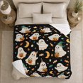 thumbnail image 5 of Cheerful Halloween Ghosts Holding Candy Pumpkins Black Background, Festive Halloween Scene, Warm Flannel Blanket for Living Room and Reading Nook, Art Lovers Halloween Gift, Festive Home Decor, 5 of 9