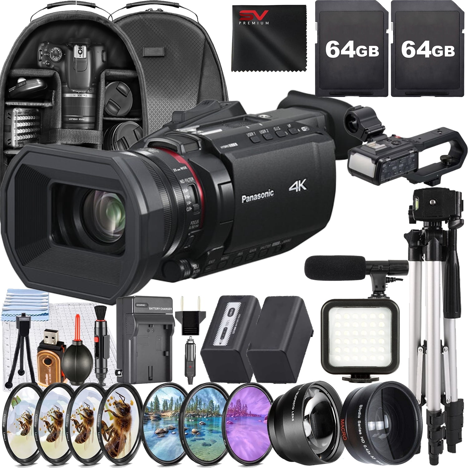 Panasonic HC-X2100 UHD 4K HDMI Lightweight Compact Camcorder with 2 Pack 64GB SanDisk Memory Card + Case + Filter Kit + SV Premium Accessory Bundle