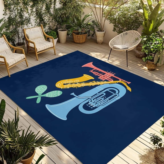 Musical Instruments Outdoor Area Rug 3x5ft Decorative Indoor Outdoor Rug Saxes Navy Blue Patio Area Rug for Porch, Deck, Balcony, Entryway, Camping & RV