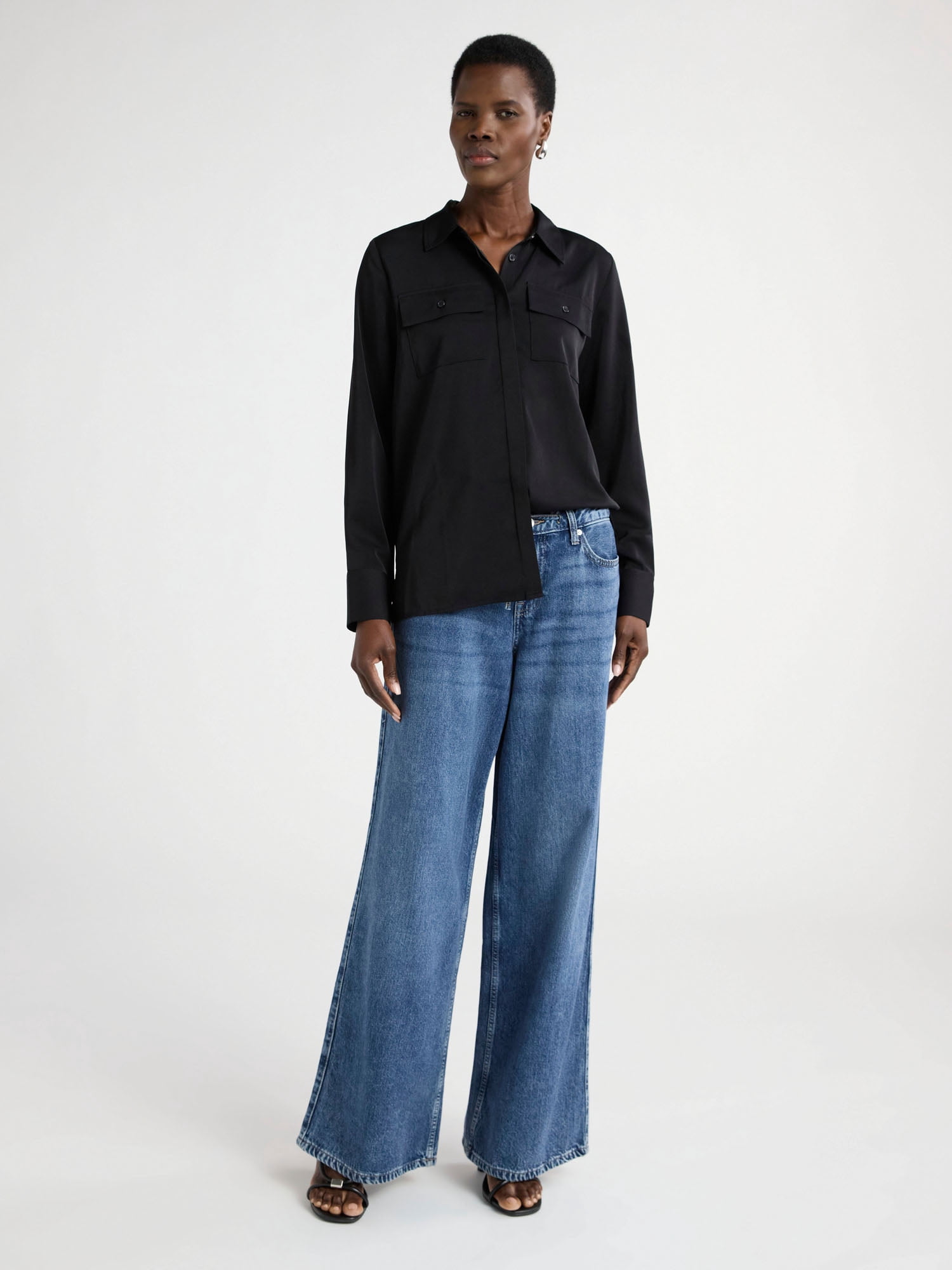 Scoop Women’s Ultimate Button Down Blouse with Two Pockets, Sizes XS-4X