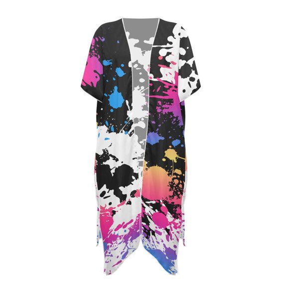 HELLHERO Swimsuit Coverup Long Kimono Swimsuit Cover Up for Pool Parties High Quality Fabrics Lightweight Bathing Suit Cover Up Splatter Art