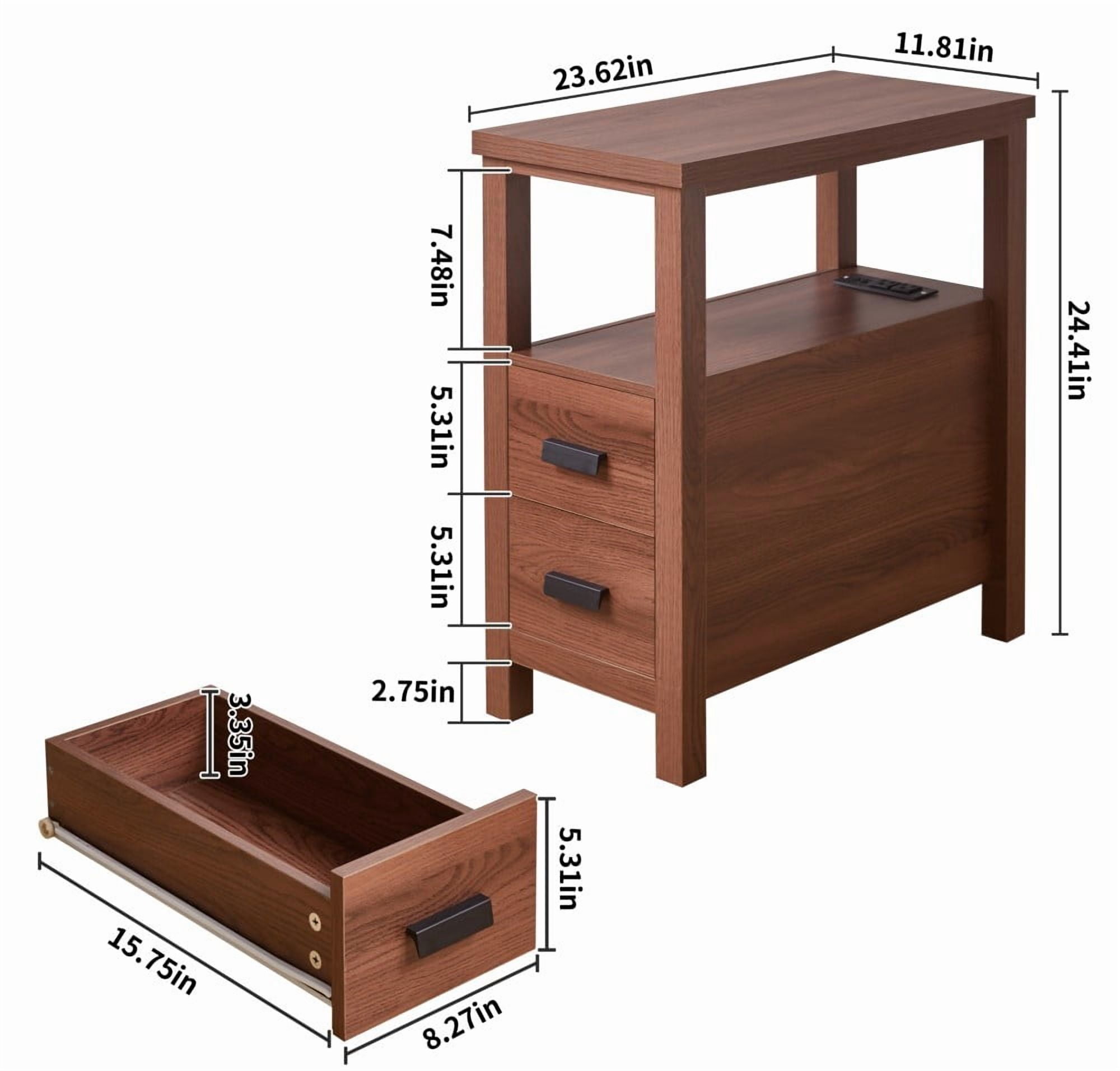End Table with Charging Station, 2 USB Ports & 2 Outlets, 2-Drawer Nightstand, Small Wood Bedside Table, Rustic Side Table for Bedroom & Office, Walnut