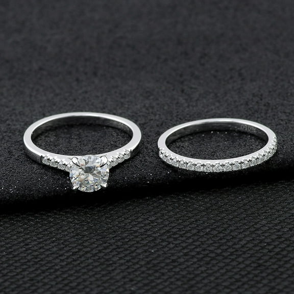 Eclet Jewels White Gold Over 14K Silver Diamond Ring - 1.8 Ct Round Brilliant Cut Diamond Ring for Couple - Diamond Couple Ring for Gifts - Solitaire with Accent and Simple Eternity Ring For Couples