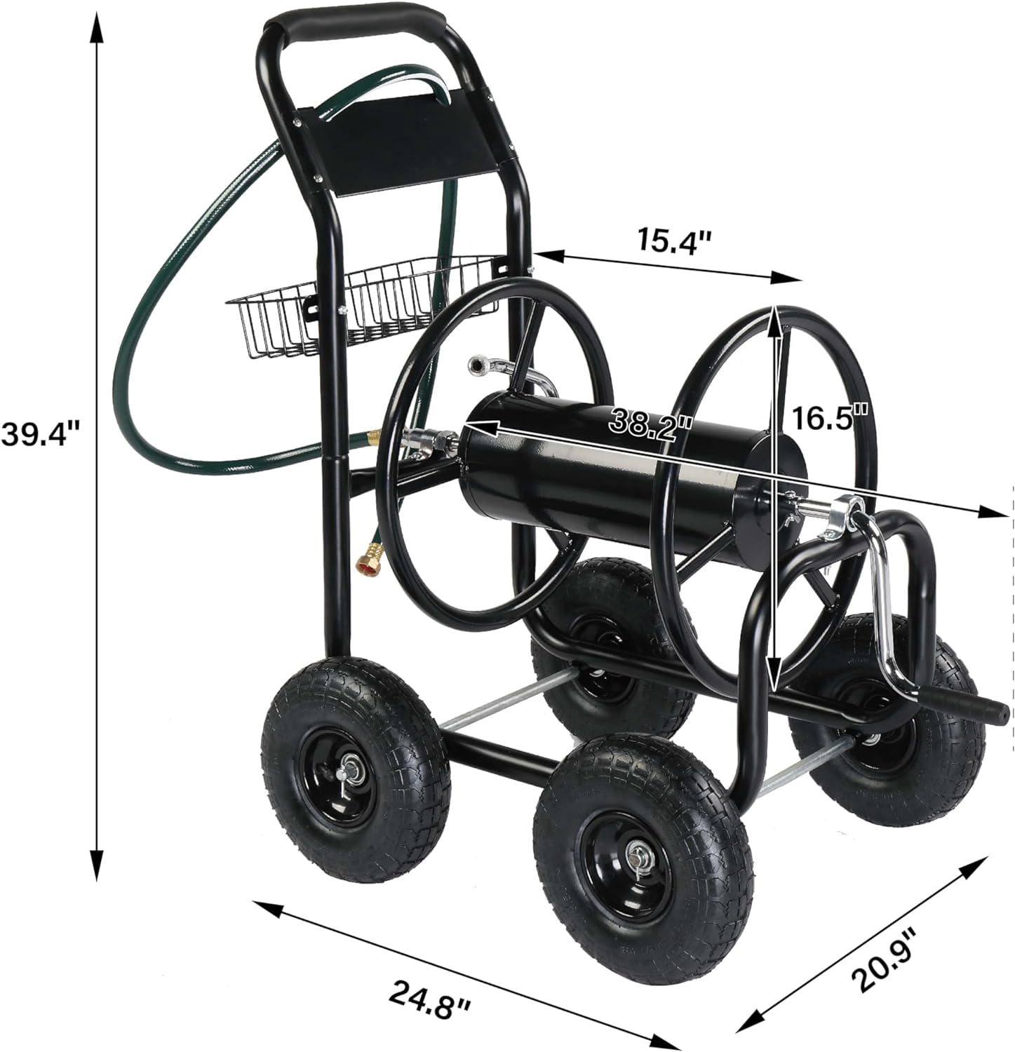 Neatifyes 4-Wheel Garden Hose Reel Cart with Storage Basket, Portable Residential Hose Reel Cart, Lawn Watering, for Garden Backyard and Farm
