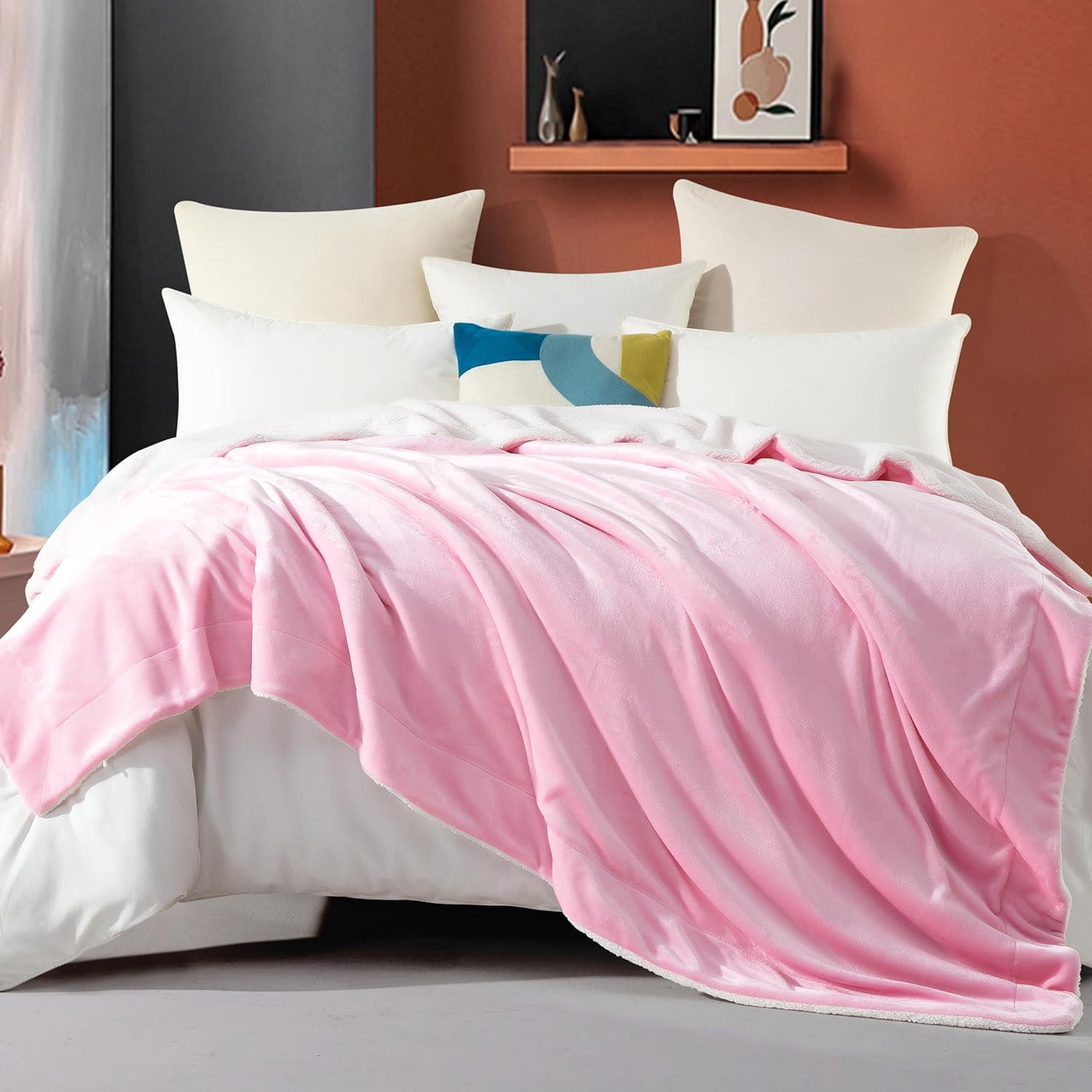 Elegant Comfort Soft, Reversible Sherpa Blanket, Flannel Fleece Throw for Couch and Bed, Warm and Plush Winter Blanket, Full, Light Pink