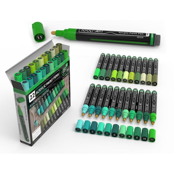 22 Acrylic Paint Pens (GREENS) Pro Color Series Set 3mm Medium