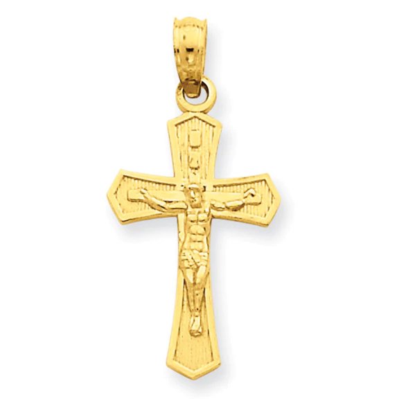 14K Yellow Gold Classic Beveled Edges Crucifix Cross Pendant