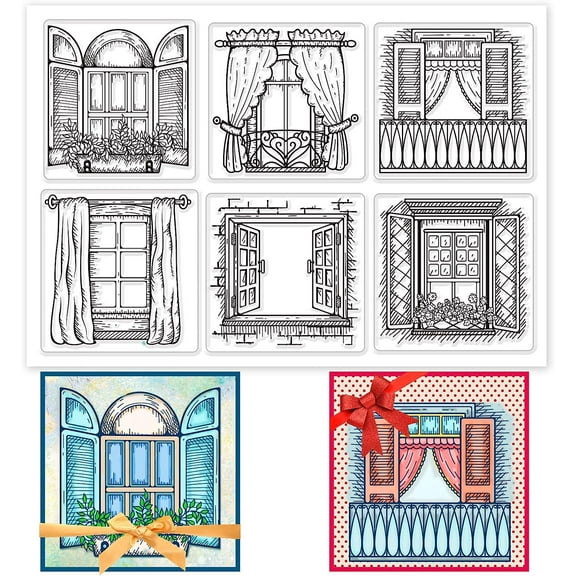 6pcs 6 Style Vintage Windows Background Clear Stamps Curtain Silicone Stamps Rubber Transparent Rubber Seal Stamps