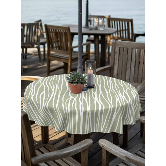 Outdoor Tablecloths with Umbrella Hole & Zipper, Green Waves Stripes Round Tablecloths 60 Inch, Vintage Minimalist Lines Texture Waterproof Table Cloth, Patio/Pool/Picnic Table Covers