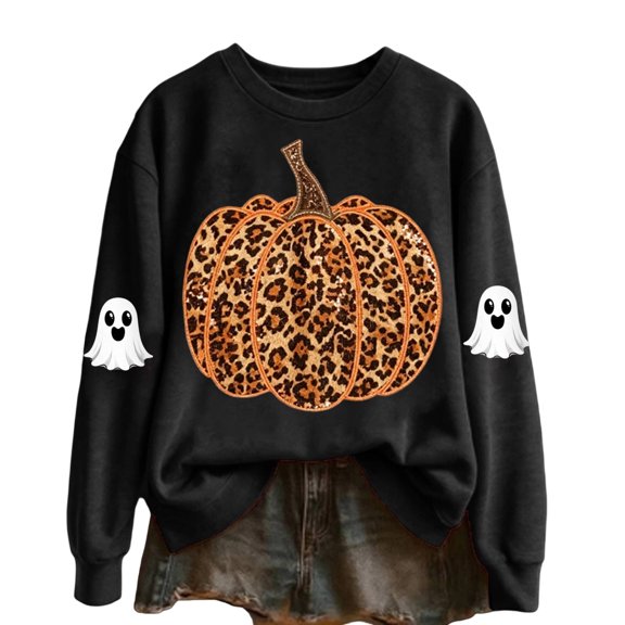 Bainana Women'S Halloween Sweatshirts Leopard Pumpkin Graphic Pullover Shirt Trendy Theme Party Sweatshirts Black L