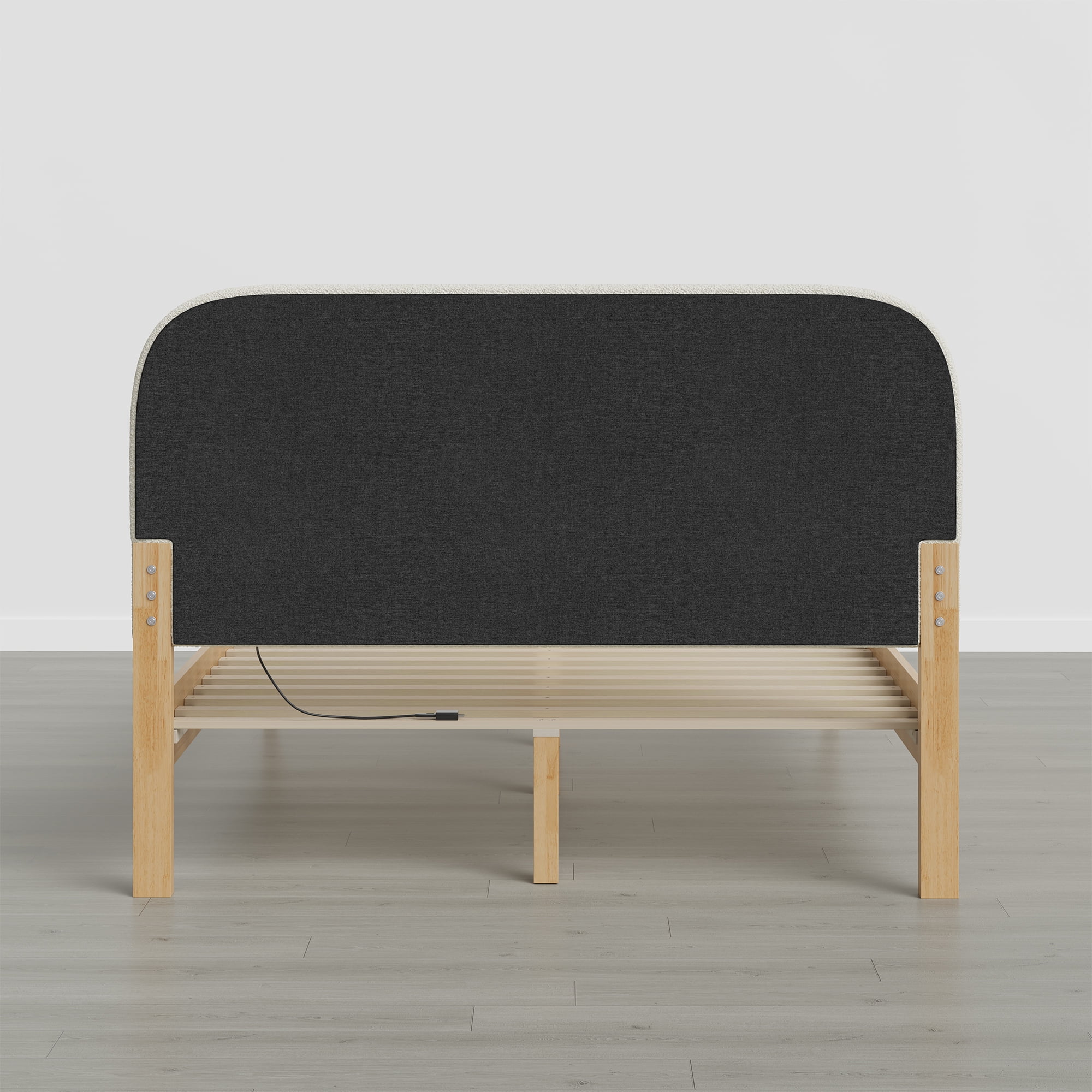 Spruce & Spring Modern Upholstered Bed Frame with Bouclé Headboard, USB & Type-C Charging Ports, Queen