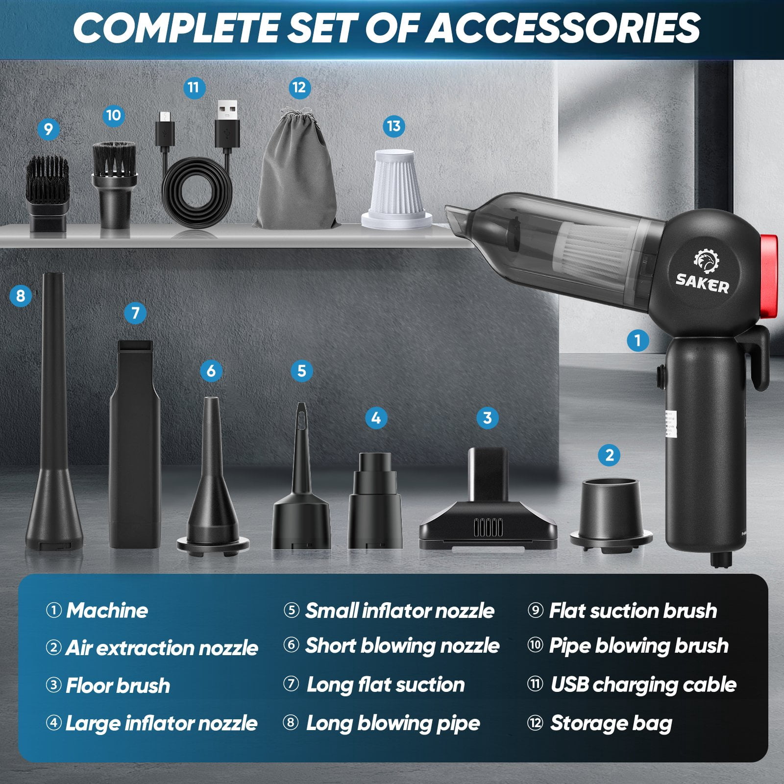 Saker Cordless Car Vacuum Cleaner, Powerful 6-in-1 Mini Car Vacuum with 120W/20000PA Brushless Motor, Window Breaker & Seatbelt Cutter for Car, Home, Office
