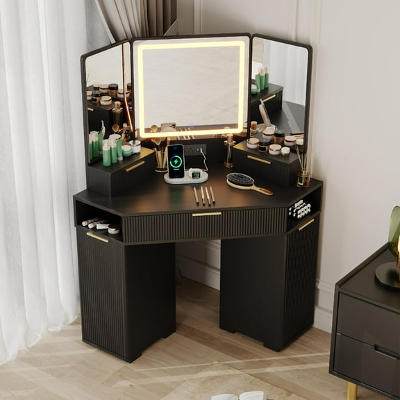Ataucjin Vanity Table with Lighted Mirror,  Corner Vanity Desk, Fluted Makeup Desk with Drawers and Cabinets, Corner Dressing Table with Charging Station for Bedroom