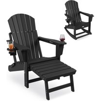 Outdoor Rocking Adirondack Chairs, with Retractable Ottoman and Cup Holder, HDPE All Weather, 400 lbs, 1 Piece, Black