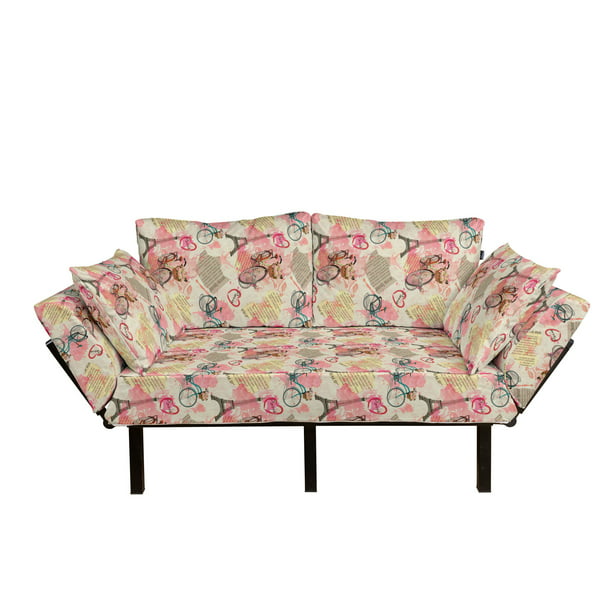 Paris Futon Couch, Landmark of France with Abstract Letterings Bike Hearts Print, Daybed Metal Frame Upholstered Sofa for Living Dorm, Loveseat, Pale Blue Pale Pink, by Ambesonne - Walmart.com