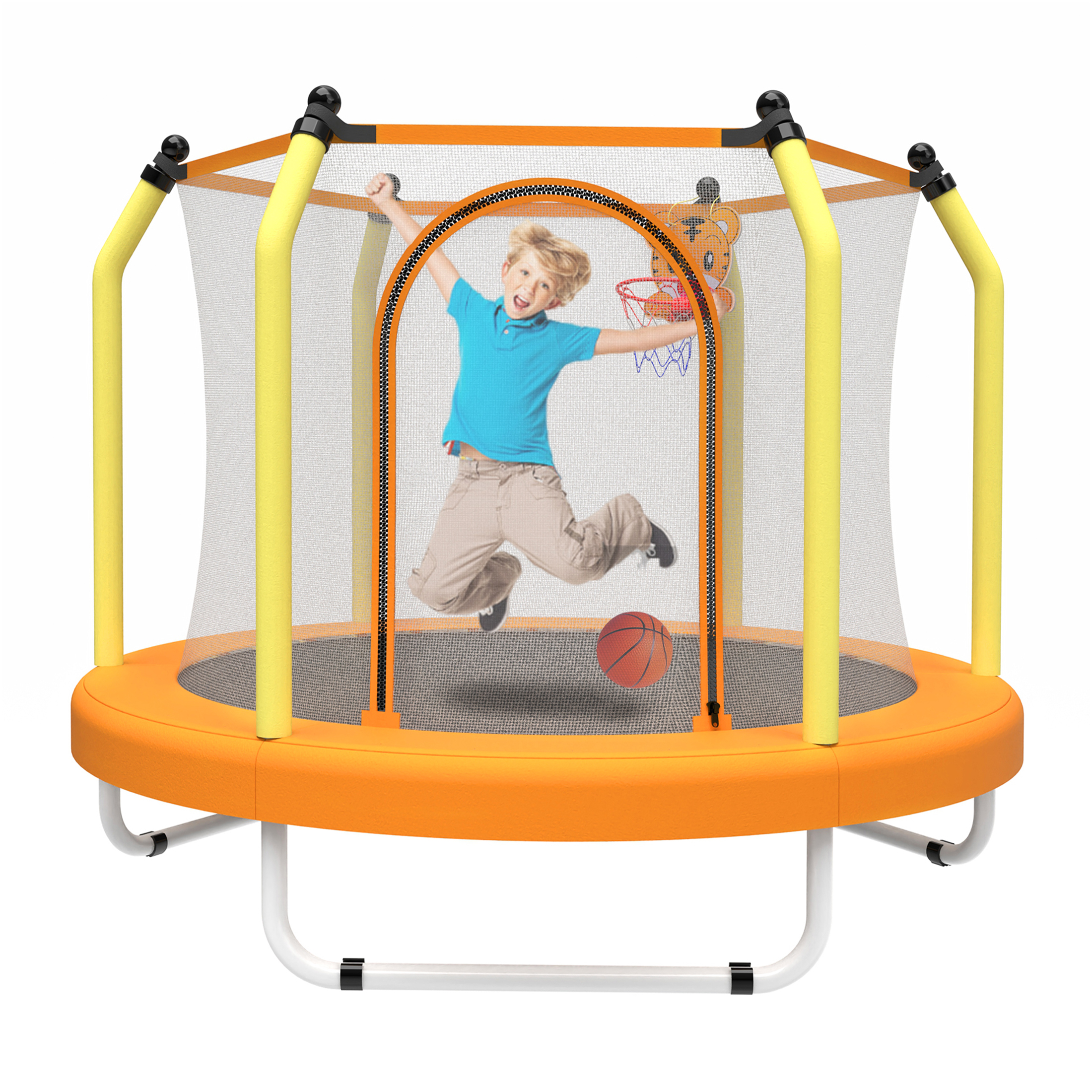 JERFIT 55" Kids Trampoline with Basketball Hoop, ASTM Certified Indoor/Outdoor Junior Jumper for Toddlers, Yellow