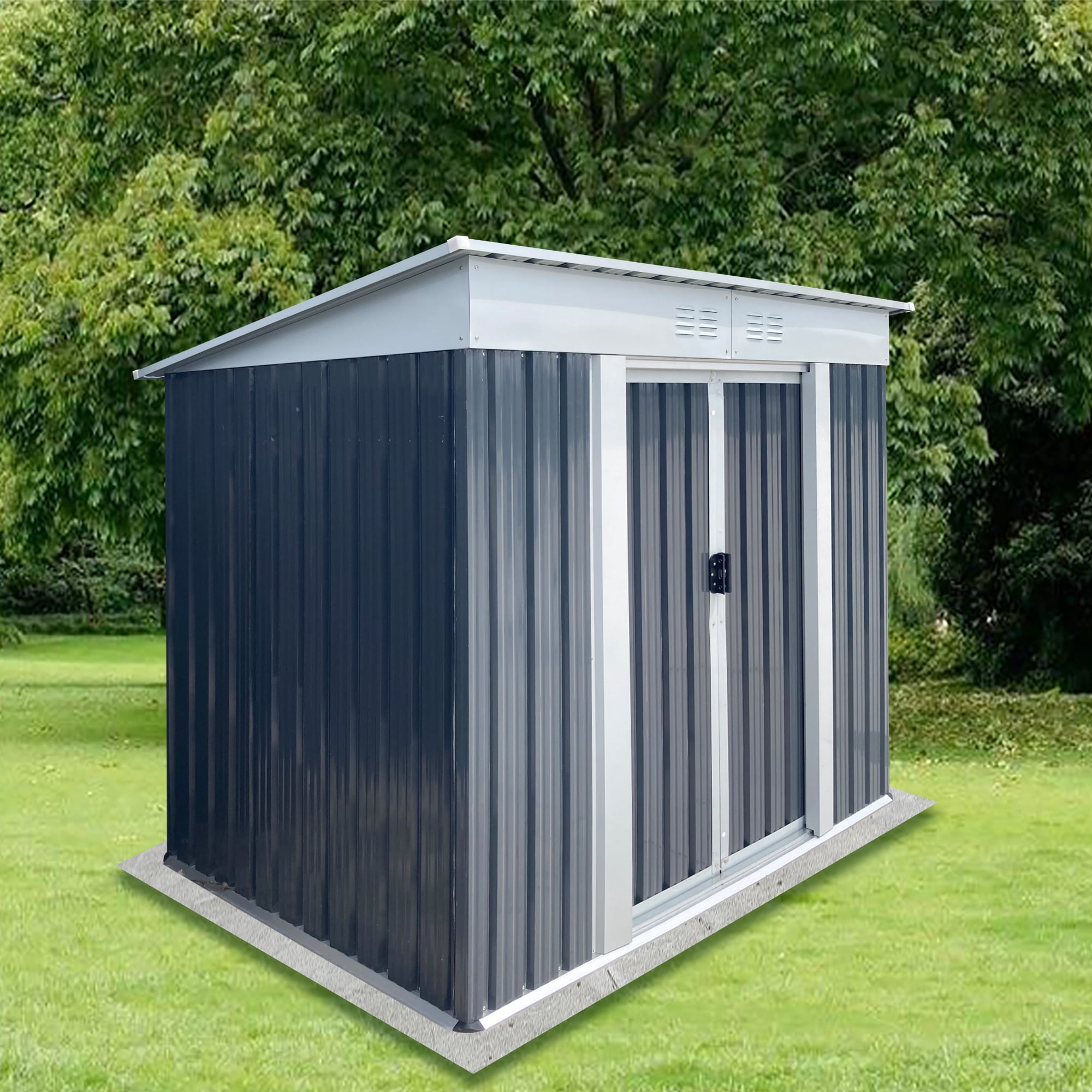 Mintazer 6x4 ft Pent Sloped Roof Outdoor Galvanized Metal Storage Shed with Lockable Sliding Double Doors & Top Vents, Weatherproof Garden Tool Storage House for Backyard Patio Lawn, Grey