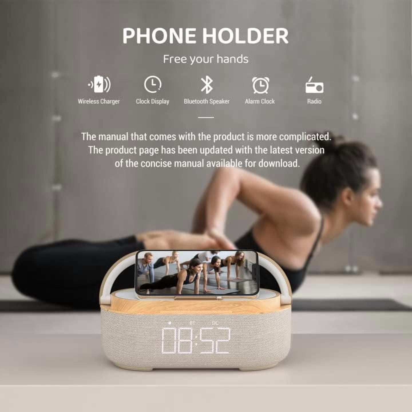 6-in-1 Wireless Charger Bluetooth Speaker with Alarm Clock, FM Radio & Night Light for iPhone Wood + 18W Adapter