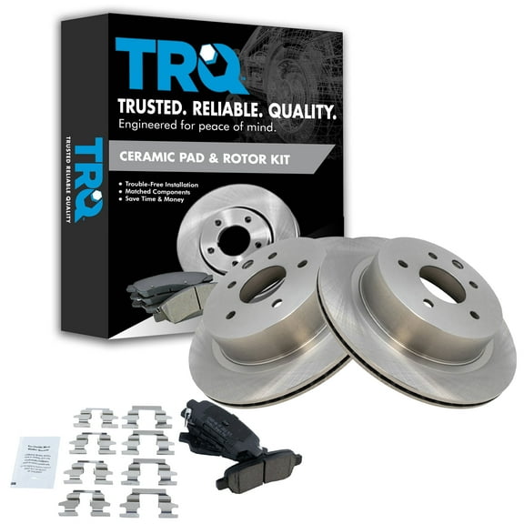 TRQ Rear Brake Pad & Rotor Kit Brake Pads Brake Rotor Ceramic Fits Select 2003-2005 INFINITI G35 Nissan 350Z 2011-2023 LEAF 2014-2020 Rogue 2017-2022 Rogue Sport